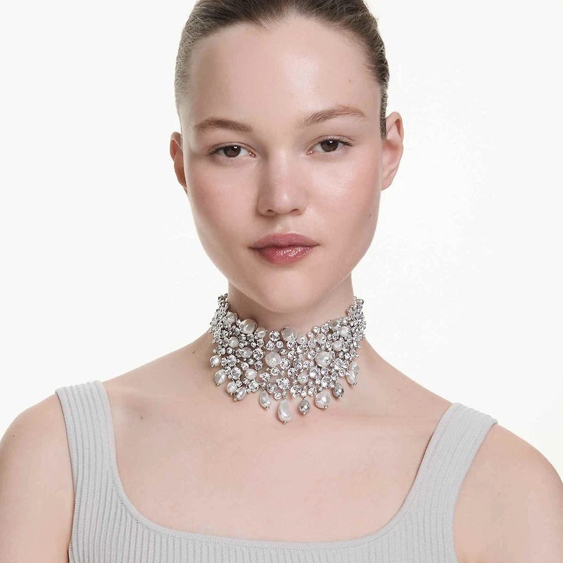 Constella choker, Crystal pearl, Round cut, White, Rhodium plated by SWAROVSKI