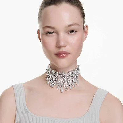 Constella choker, Crystal pearl, Round cut, White, Rhodium plated