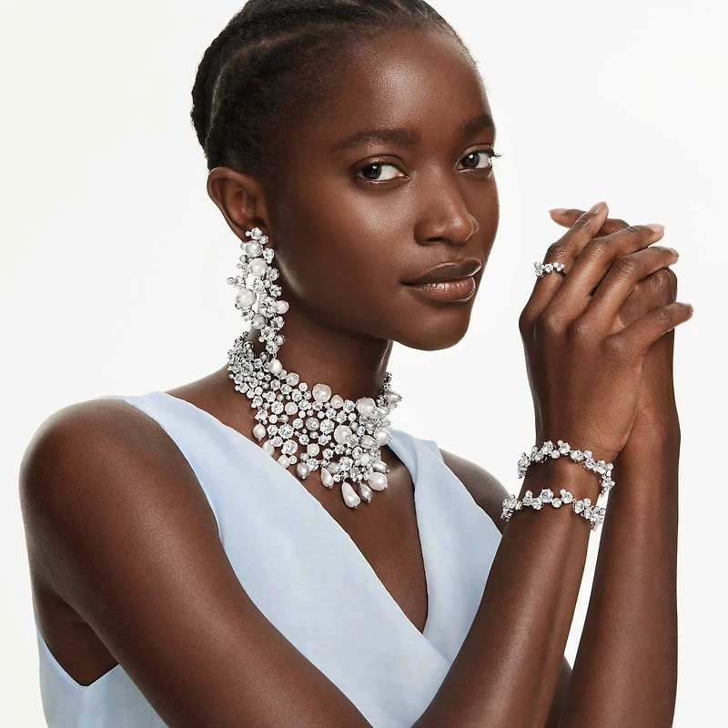 Constella choker, Crystal pearl, Round cut, White, Rhodium plated by SWAROVSKI