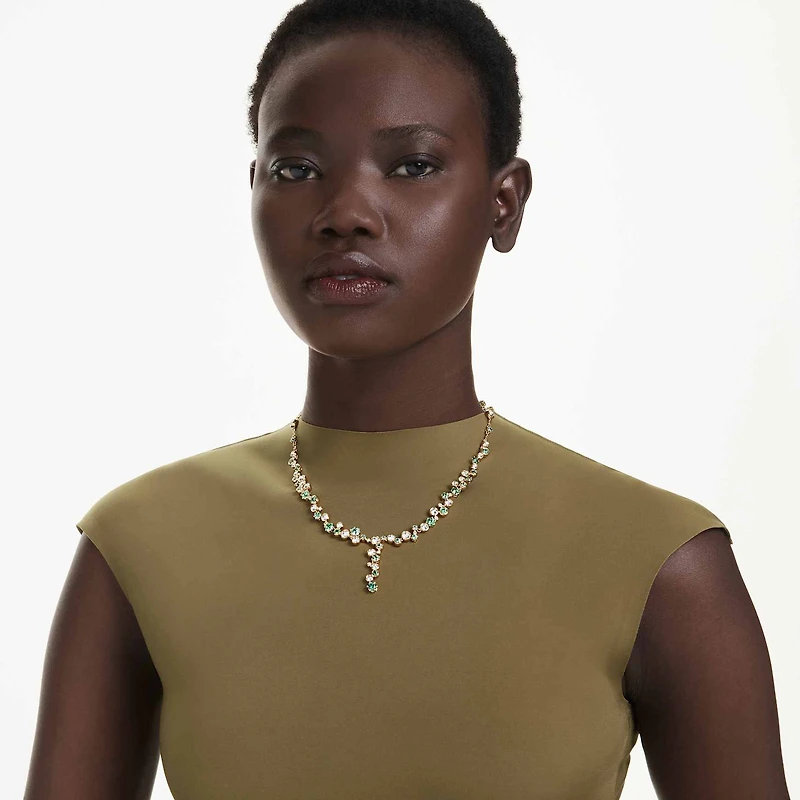 Constella Y necklace, Mixed cuts, Green, Gold-tone plated by SWAROVSKI