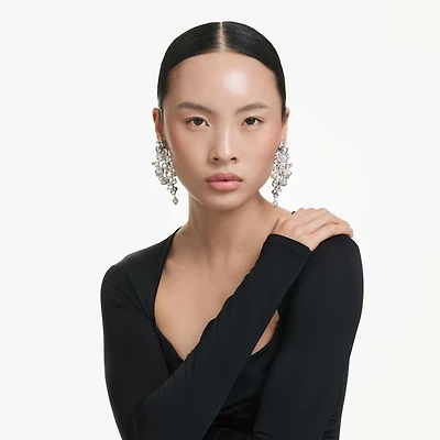 Constella earrings, Crystal pearl, Round cut, White, Rhodium plated