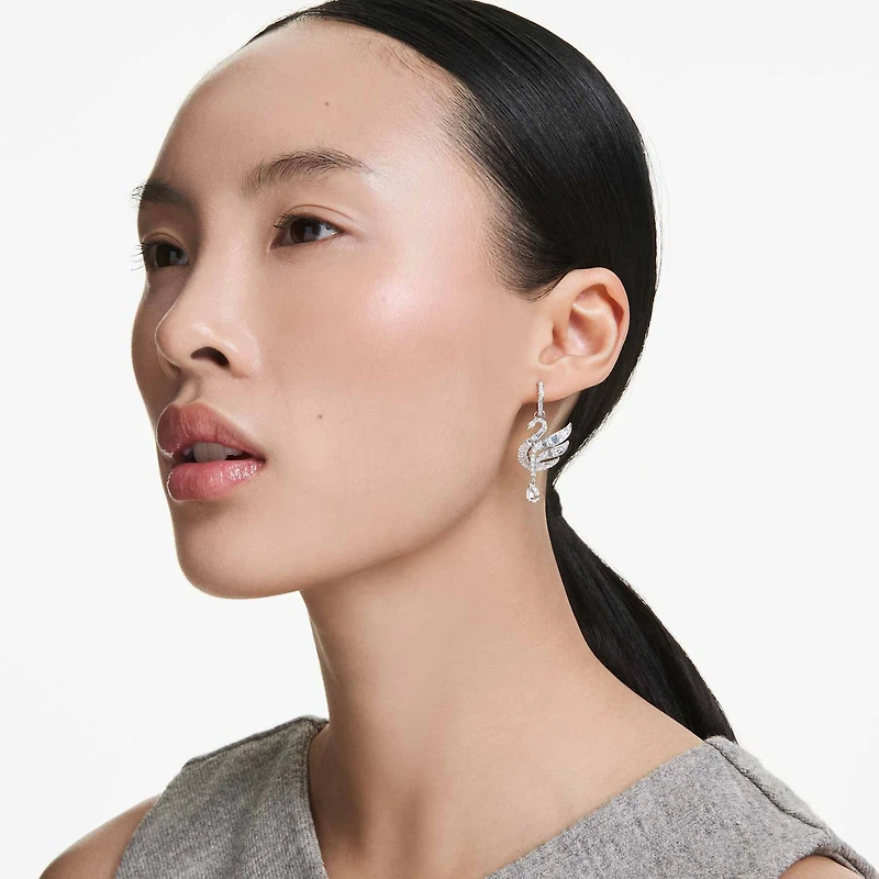 Swan earrings, Swan, White, Rhodium plated by SWAROVSKI