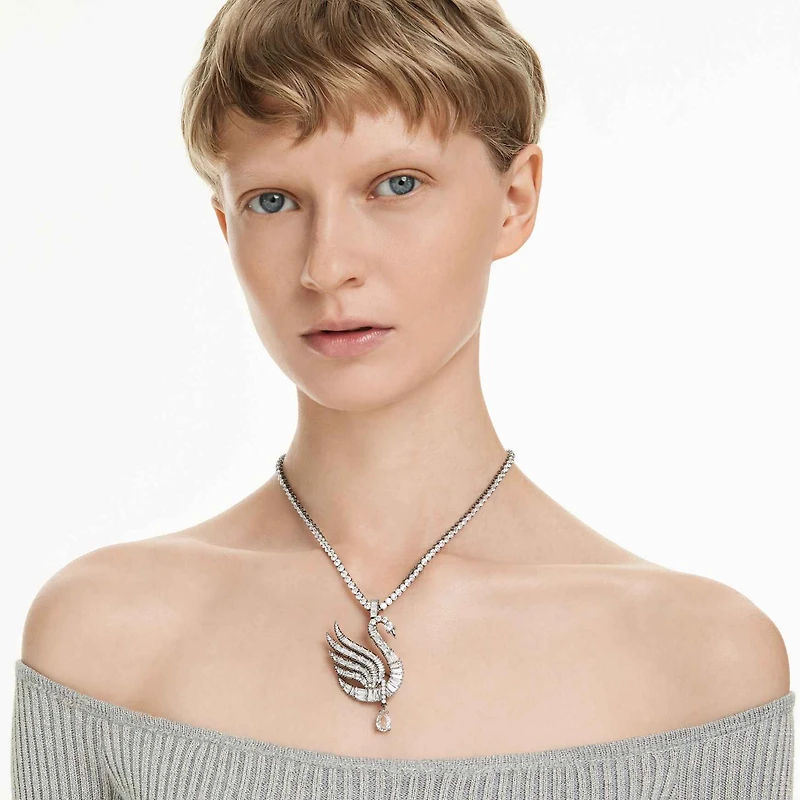 Swan pendant and brooch, Swan, White, Ruthenium plated by SWAROVSKI