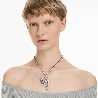 Swan pendant and brooch, Swan, White, Ruthenium plated