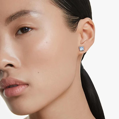 Matrix stud earrings, Square cut, Blue, Rhodium plated