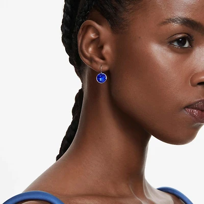 Bella drop earrings, Round cut, Blue, Rhodium plated