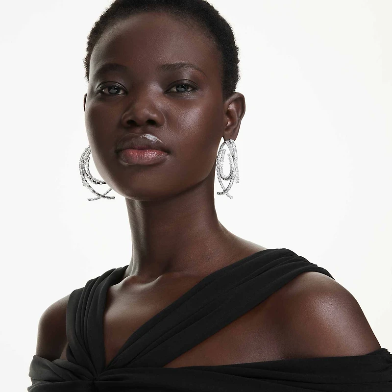 Matrix hoop earrings, Mixed cuts, White, Rhodium plated by SWAROVSKI