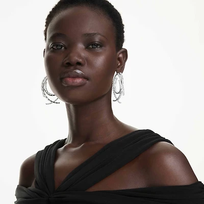 Matrix hoop earrings, Mixed cuts, White, Rhodium plated