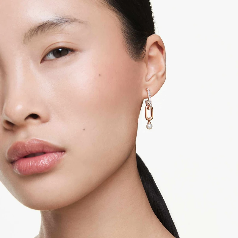 Constella drop earrings, Crystal pearl, Round cut, White, 18K rose gold finish