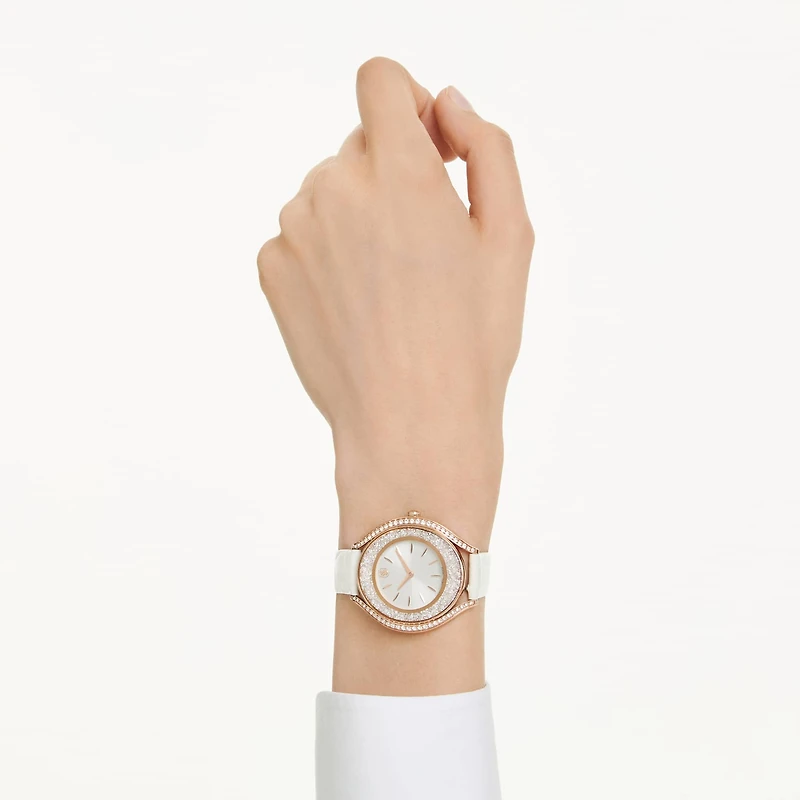 Crystalline aura watch, Swiss Made, Leather strap, White, Rose gold-tone finish by SWAROVSKI