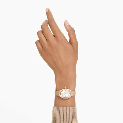 Dextera octagon watch, Swiss Made, Leather strap, Brown, Rose gold-tone finish