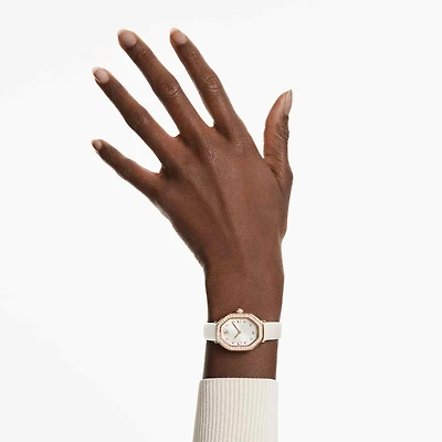 Dextera octagon watch, Swiss Made, Leather strap, White, Rose gold-tone finish