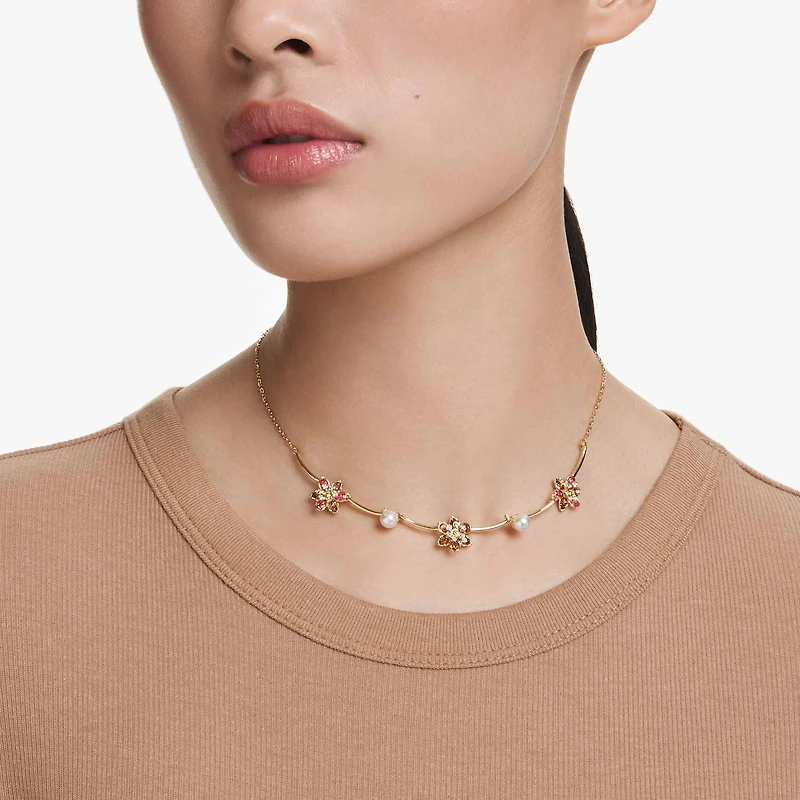 Idyllia necklace, Crystal pearl, Mixed cuts, Flower, Multicoloured, 18K gold finish