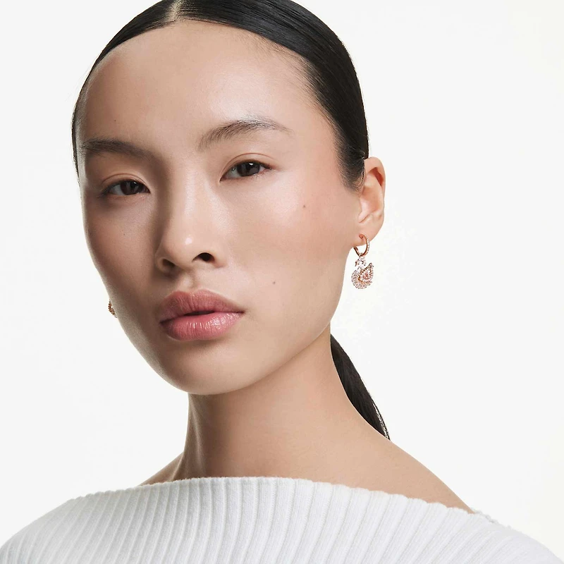 Swan drop earrings, Pavé, Swan, Pink by SWAROVSKI