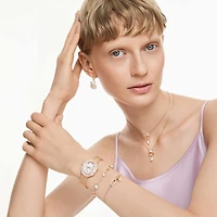 Swan drop earrings, Pavé, Swan, Pink, 18K rose gold finish