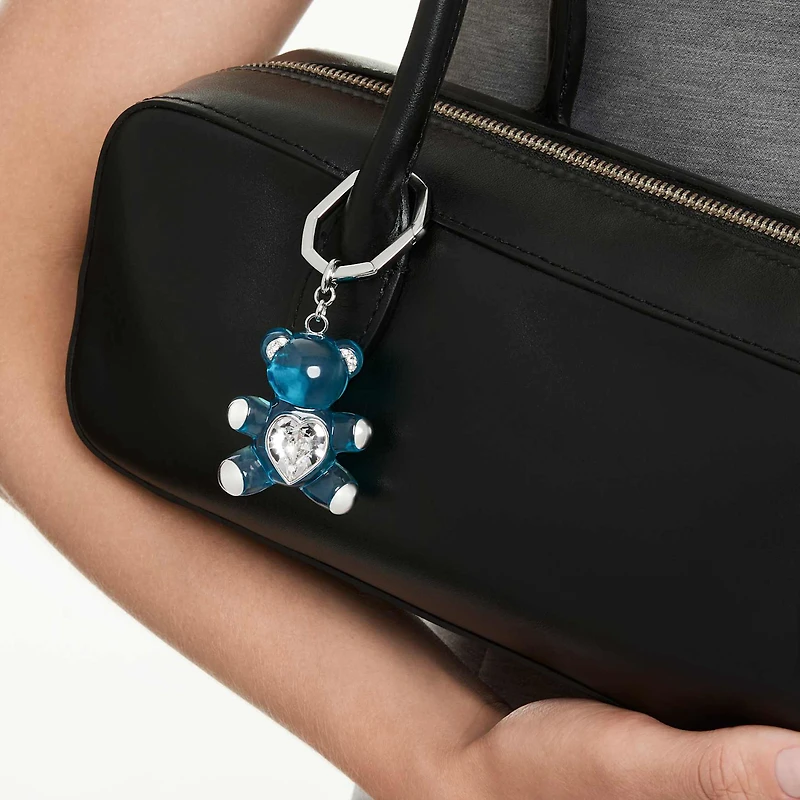 Teddy key ring, Bear, Blue, Rhodium plated by SWAROVSKI