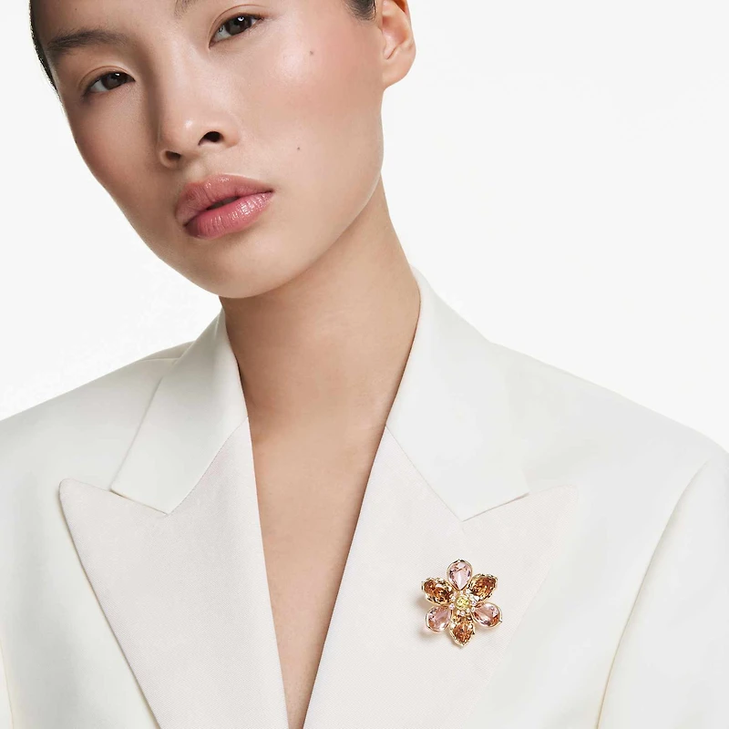 Idyllia pendant and brooch, Mixed cuts, Flower, Multicoloured, 18K gold finish