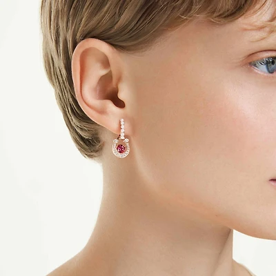 Symbolica drop earrings, Crystal pearl, Round cut, Pavé, Horseshoe, Red, 18K rose gold finish