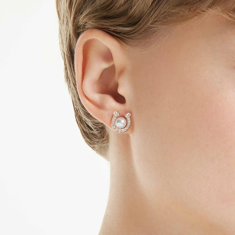 Symbolica stud earrings, Crystal pearl, Pavé, Horseshoe, White, 18K rose gold finish