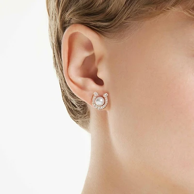 Symbolica stud earrings, Crystal pearl, Pavé, Horseshoe, White, 18K rose gold finish
