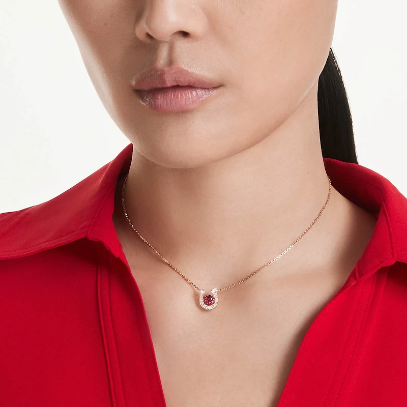 Symbolica pendant, Round cut, Pavé, Horseshoe, Red, 18K rose gold finish