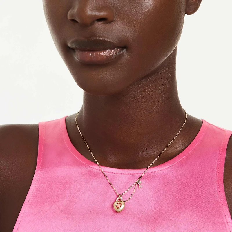 Idyllia pendant, Mixed cuts, Heart, key, Pink, 18K gold finish