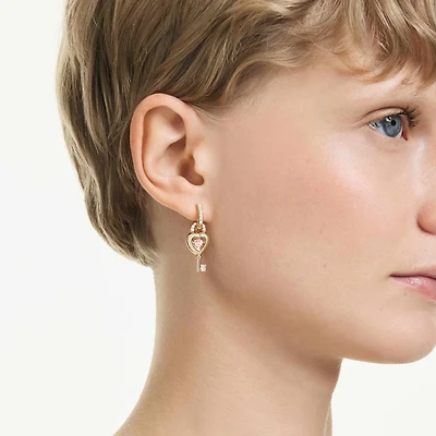 Idyllia drop earrings with ear cuff, Mixed cuts, Heart with key, Pink, 18K gold finish