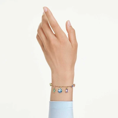 Gema bracelet, Mixed cuts, Dangling crystals, Multicoloured, 18K gold finish