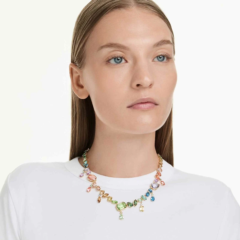 Gema necklace, Mixed cuts, Dangling crystals, Multicoloured, 18K gold finish
