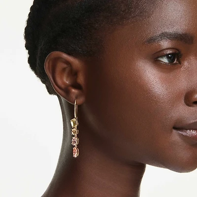 Gema drop earrings, Asymmetrical design, Mixed cuts, Pink, 18K gold finish