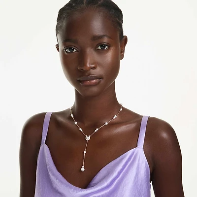Symbolica Y necklace, Crystal pearl, Pavé, Horseshoe, White, 18K rose gold finish
