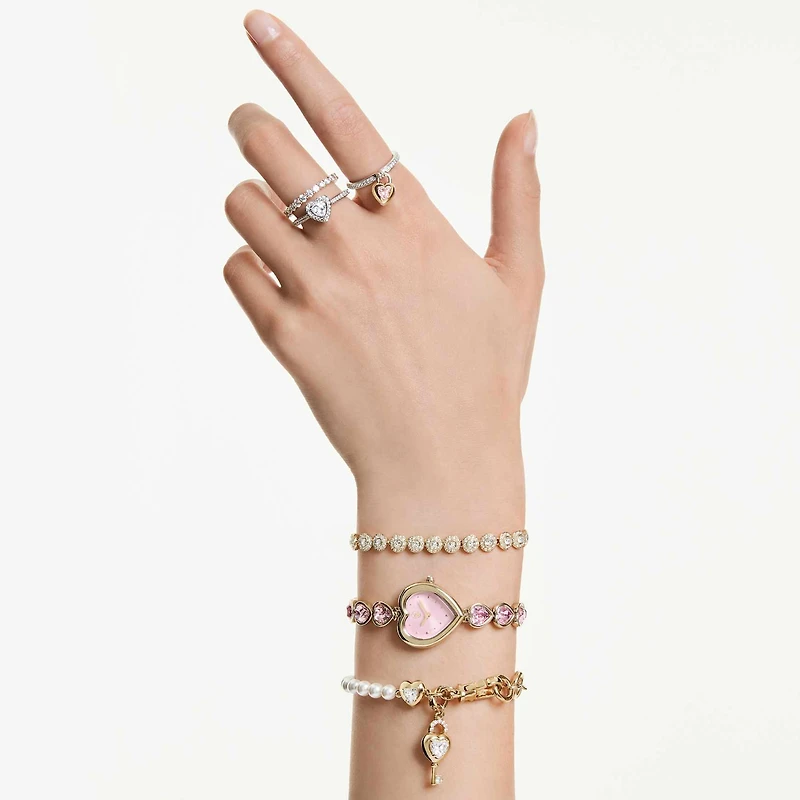 Idyllia Heart watch, Crystal bracelet, Pink, Gold-tone finish by SWAROVSKI