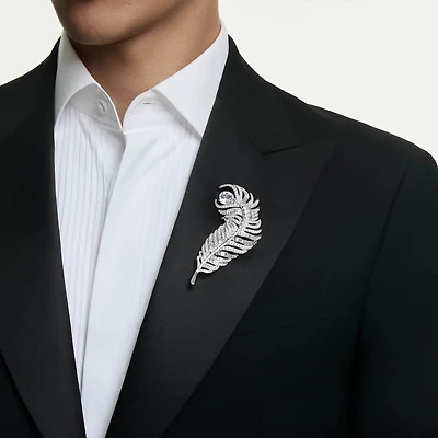 Vienna brooch, Mixed cuts, Feather, White, Rhodium plated