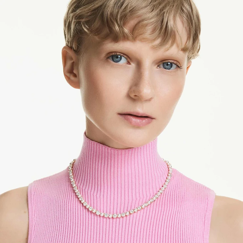 Matrix Tennis necklace, Crystal pearl, Round cut, White, 18K gold finish