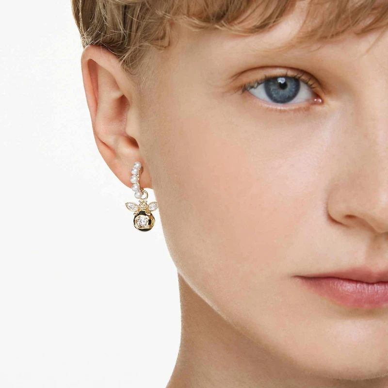Idyllia drop earrings, Crystal pearl, Mixed cuts, Bee, Multicoloured, 18K gold finish