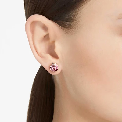 Bella V stud earrings, Round cut, Pavé, Pink, 18K rose gold finish
