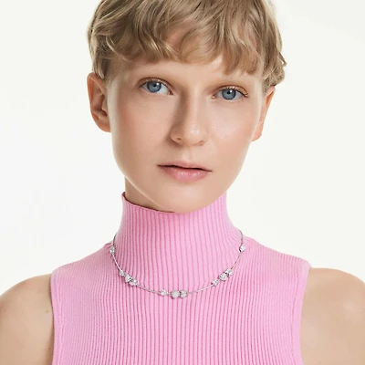 Idyllia necklace, Heart with arrow, White, Rhodium plated