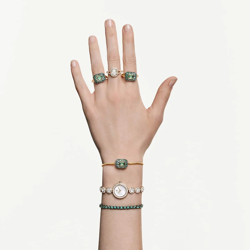Matrix Tennis bracelet, Round cut, Green, Ruthenium plated