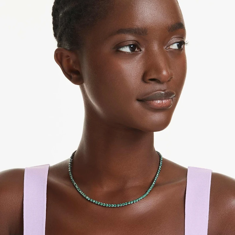 Matrix Tennis necklace, Round cut, Green, Ruthenium plated by SWAROVSKI