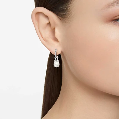 Originally drop earrings, Crystal pearl, Pavé, White, Rhodium plated