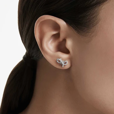 Lifelong stud earrings, Pavé, Bow, White, Rhodium plated