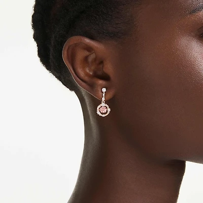 Constella drop earrings, Round cut, Dancing stone, Pink, Rose gold-tone plated