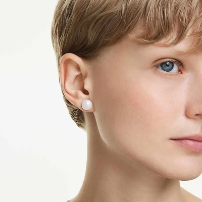 Matrix stud earrings, Crystal pearl, White, Rhodium plated