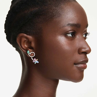 Ariana Grande x Swarovski drop earrings with ear jacket, Mixed cuts, Dragonfly, flower, Multicoloured, Rhodium plated