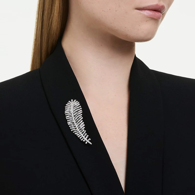 Vienna pendant and brooch, Mixed cuts, Feather, White, Rhodium plated