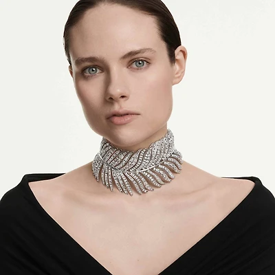 Vienna choker, Mixed cuts, Feather, White, Rhodium plated