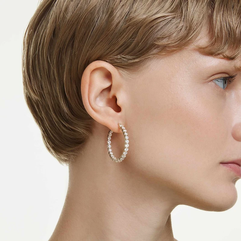 Matrix hoop earrings, Round cut, White, 18K gold finish