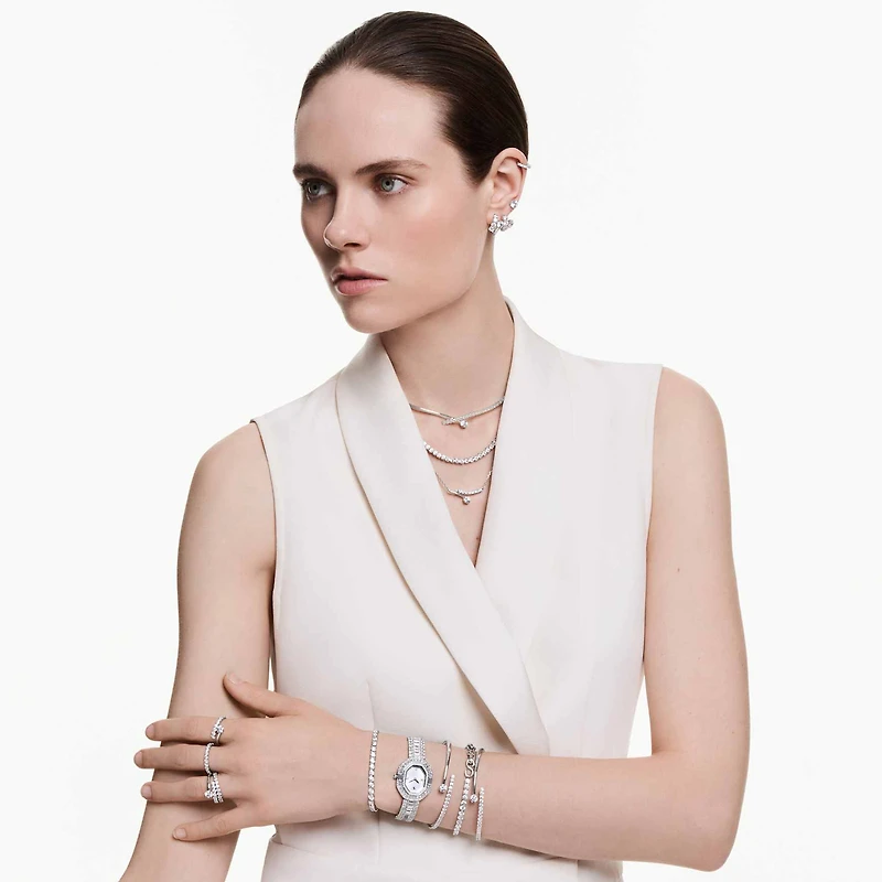 Matrix necklace, Round cut, White, Rhodium plated