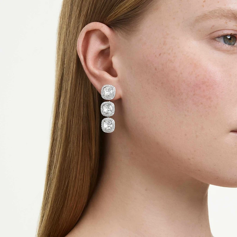Una Angelic earrings, Cushion cut, White, Rhodium plated