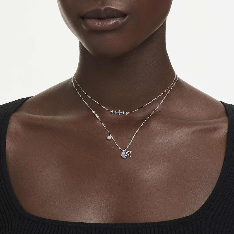 Symbolica necklace, Round cut, Moon, Blue, Rhodium plated
